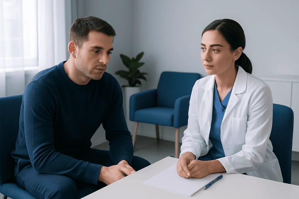 Doctor consulting with male patient in a medical office setting.