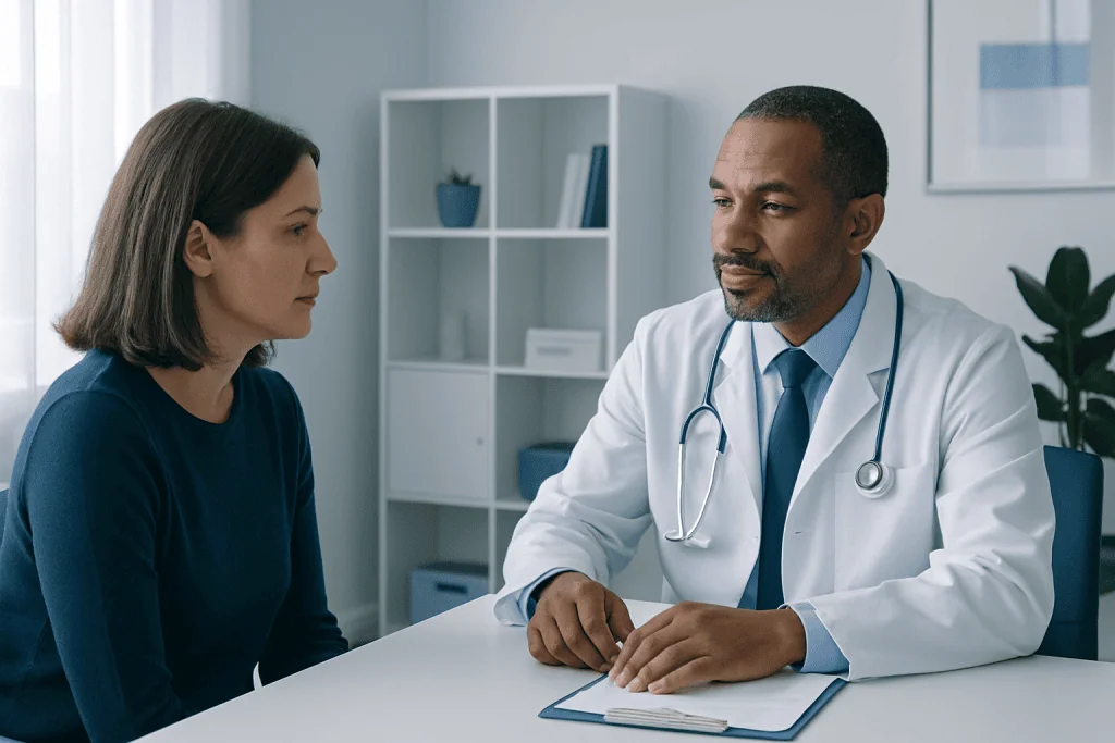Doctor consulting with a female patient in a modern medical office.