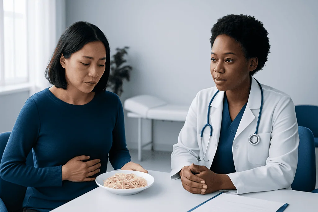 Doctor consulting with patient about dietary concerns in a clinical setting.