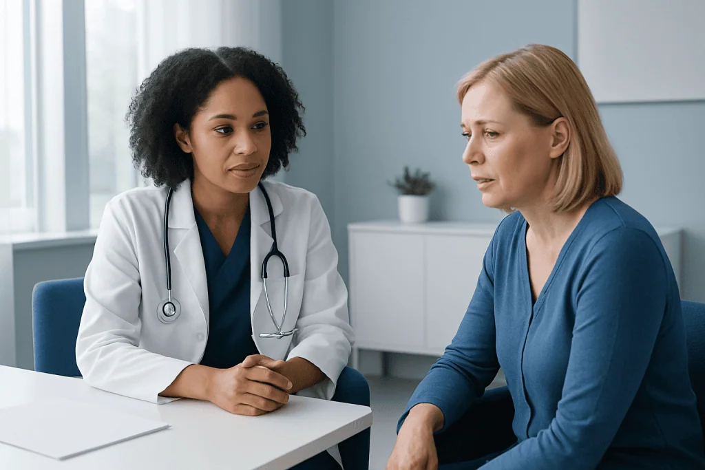 Doctor consulting with a female patient in a medical office.