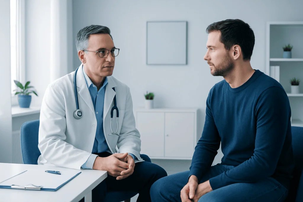 Doctor consulting with a male patient in a modern clinic setting.