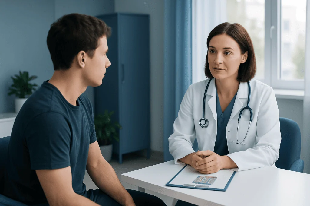 Doctor consulting with a young male patient in a medical office.