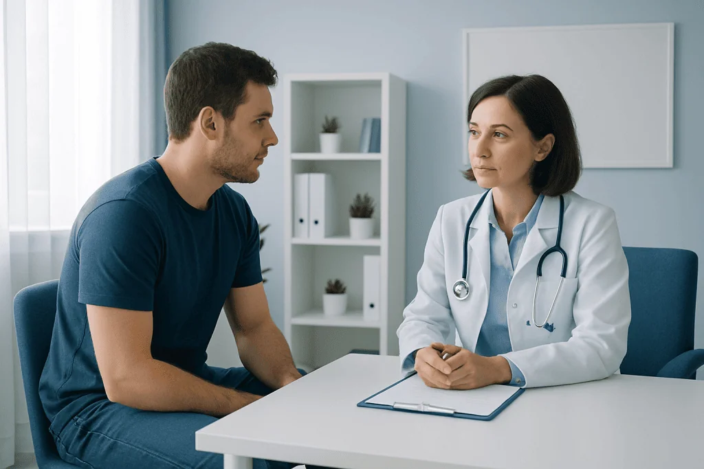 Doctor consulting with a male patient in a modern medical office.