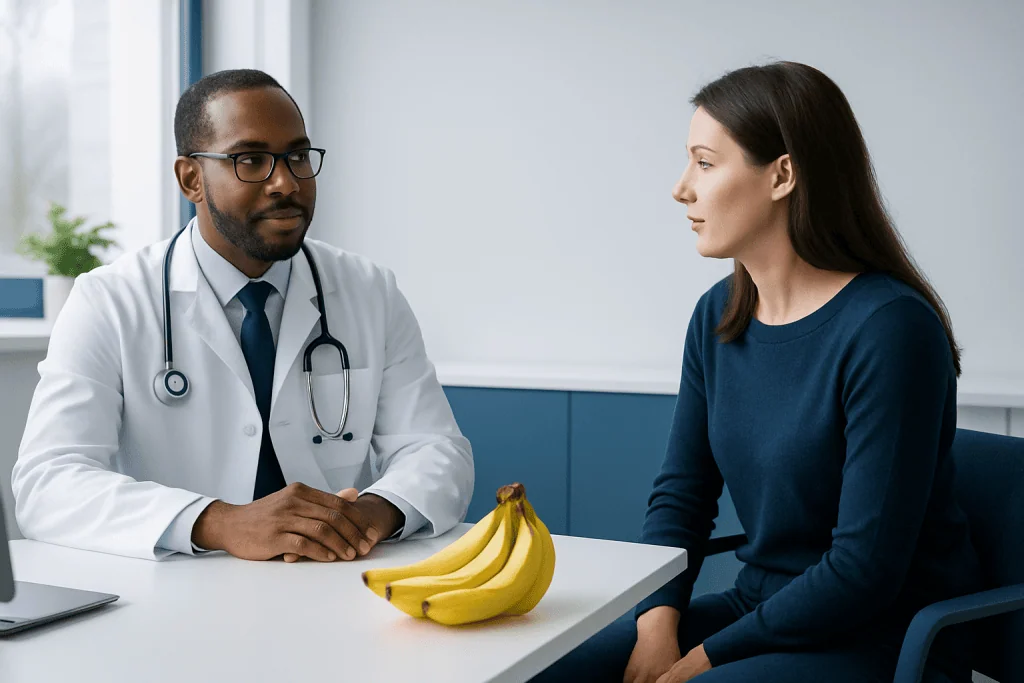 Doctor consulting with a patient about bananas in a medical office.