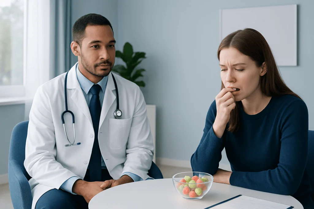 Doctor consulting with a patient about dental health and candy consumption.