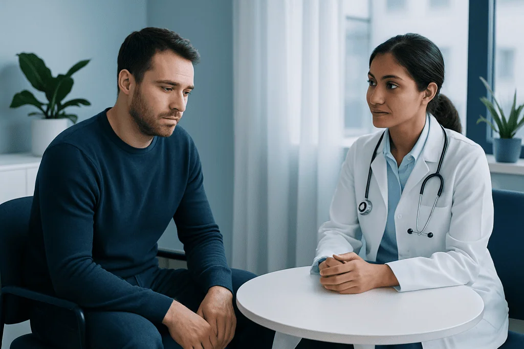 Doctor consulting with male patient in a medical office setting.