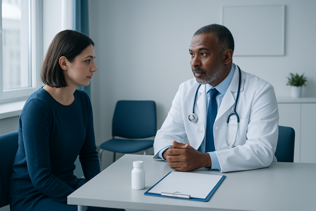 Doctor consulting with a young woman in a medical office setting.