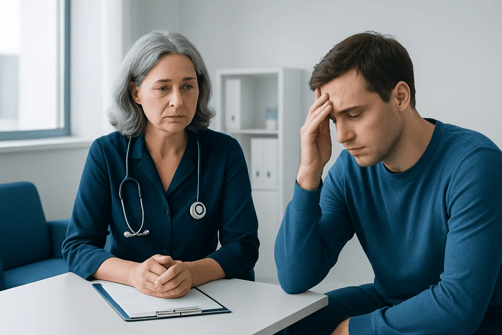 Doctor consulting with a young male patient in a medical office.