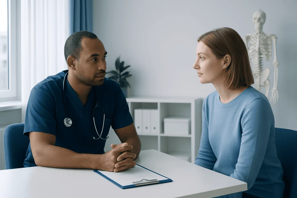 Doctor consulting with a female patient in a medical office setting.