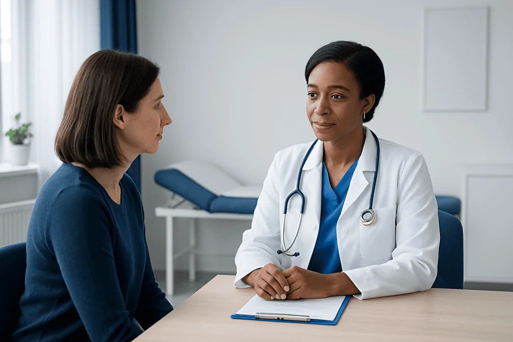Doctor consulting with a patient in a medical office setting.