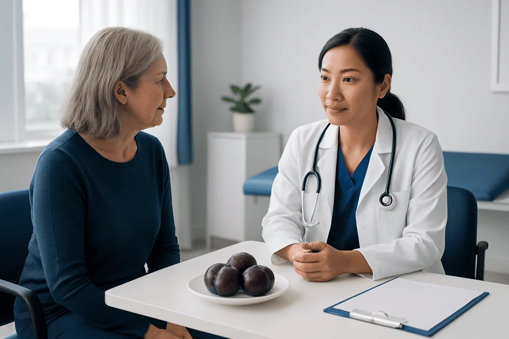 Doctor consulting with an elderly female patient in a medical office.