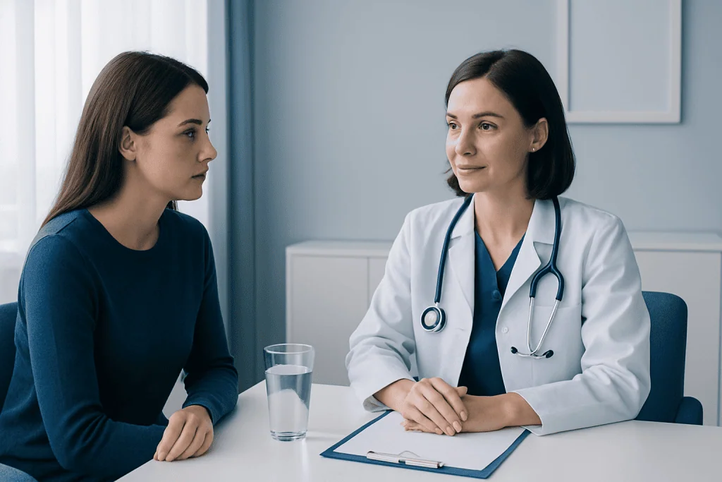 Doctor consulting with a young female patient in a medical office.