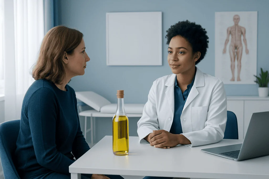Doctor consulting with patient in medical office with olive oil bottle on table.