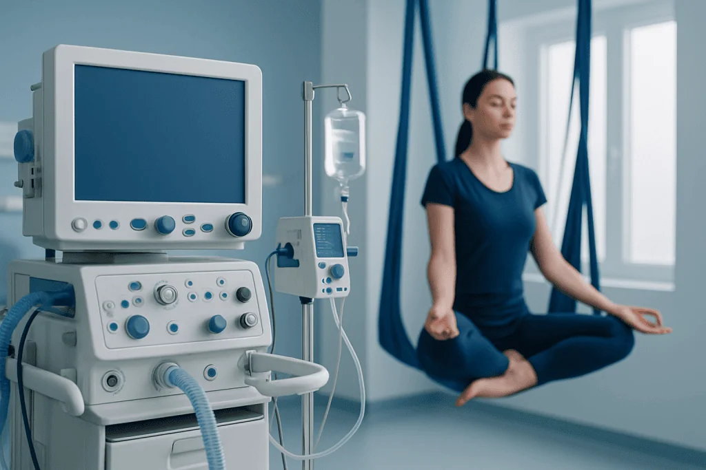 Patient meditating in a hospital room with medical equipment nearby.