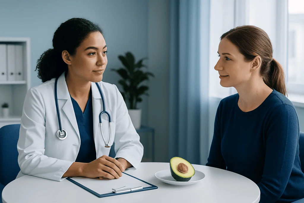 Doctor consulting with patient about health in a medical office.