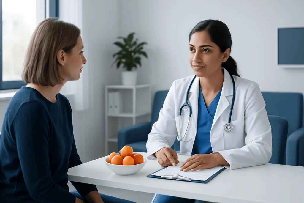 Doctor consulting with a patient in a modern medical office.
