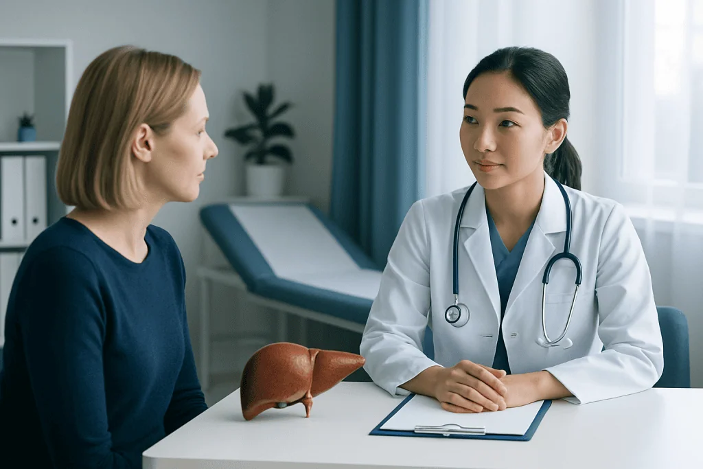 Doctor consulting with a patient about liver health in a medical office.