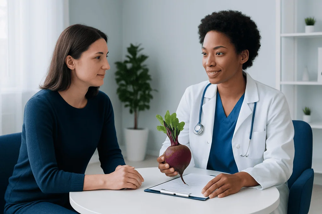 Doctor explaining health benefits of beetroot to patient in consultation room.