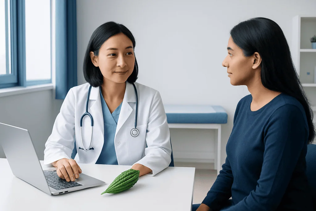 Doctor consulting a patient in a medical office with a bitter gourd on the table.
