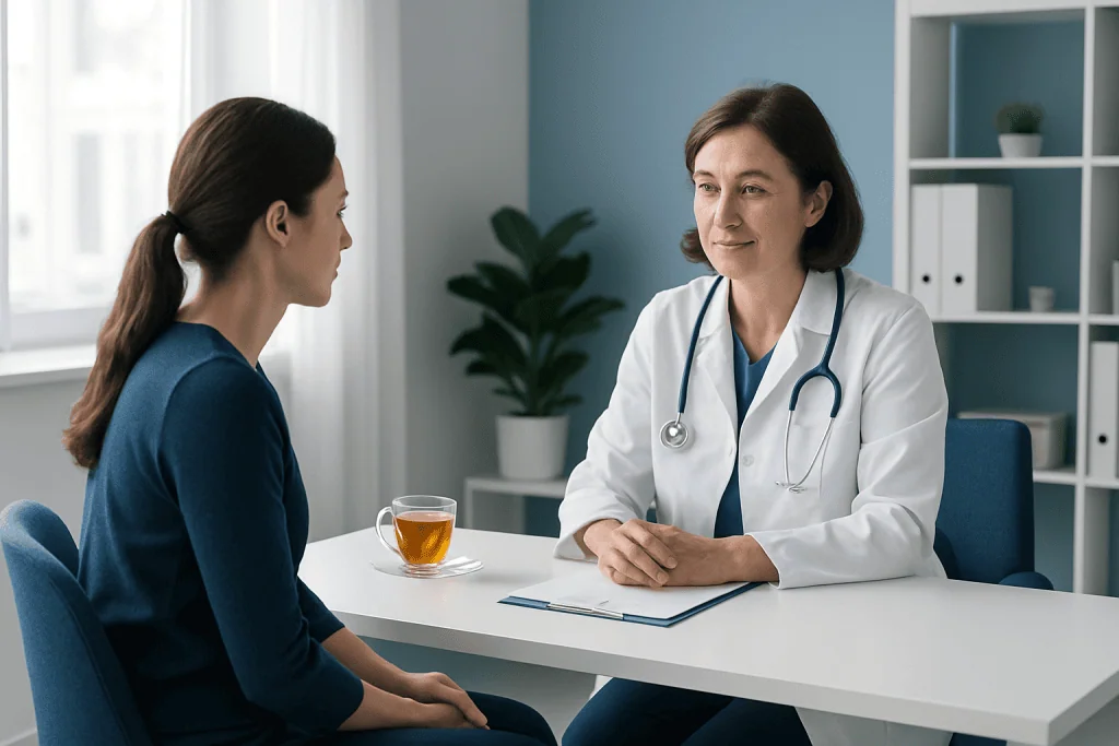 Doctor consulting with a patient in a modern medical office.