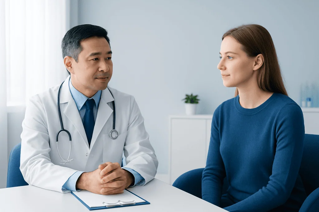 Doctor consulting with a female patient in a medical office.