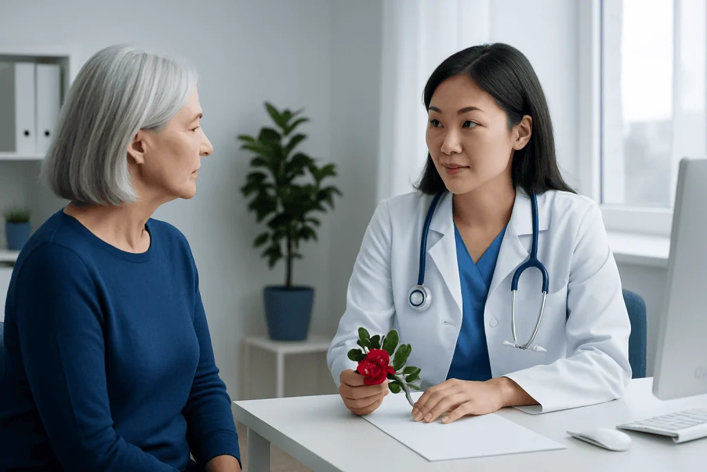 Doctor discussing health with elderly woman in a medical consultation room.
