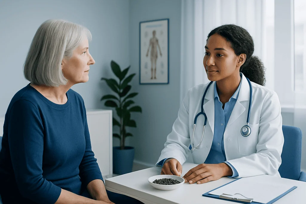 Doctor consulting with an elderly woman in a medical office.