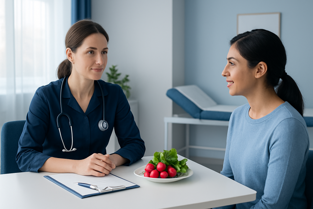 Doctor consulting with patient in a medical office setting.