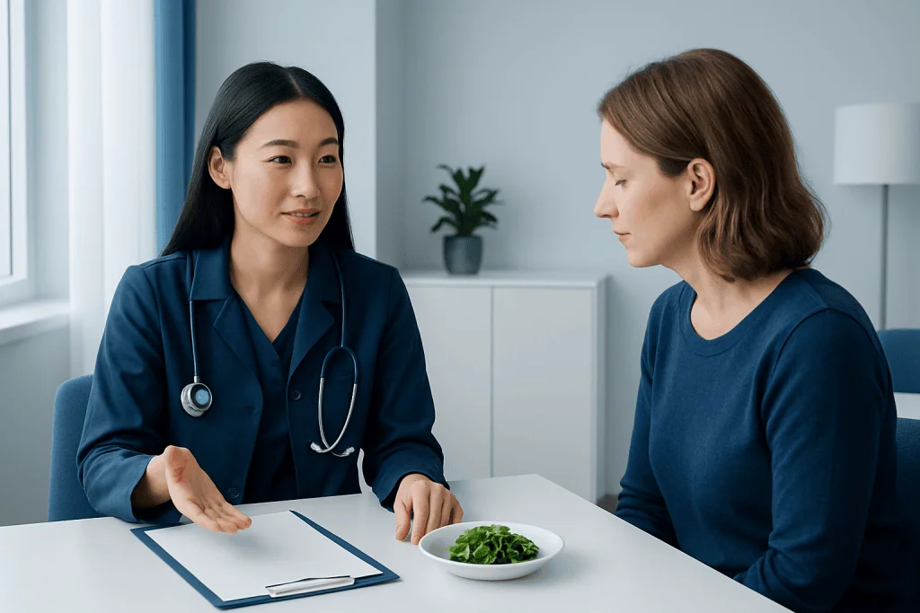 Doctor explaining health advice to a patient in a consultation room.