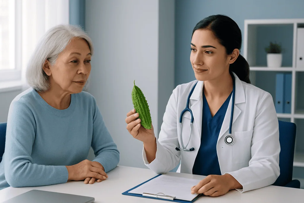Doctor explaining benefits of bitter melon to elderly woman in consultation room.