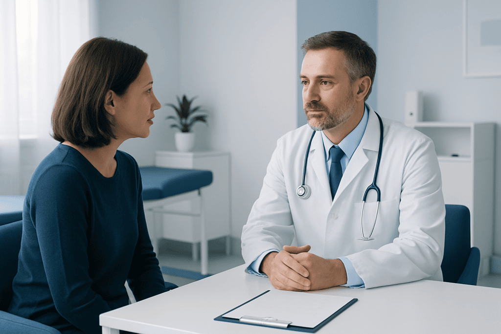 Doctor consulting with a female patient in a modern medical office.