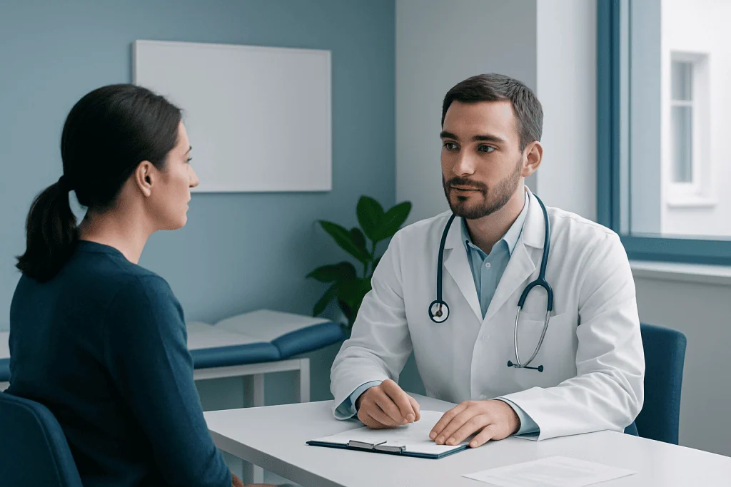 Doctor consulting a patient in a modern medical office setting.