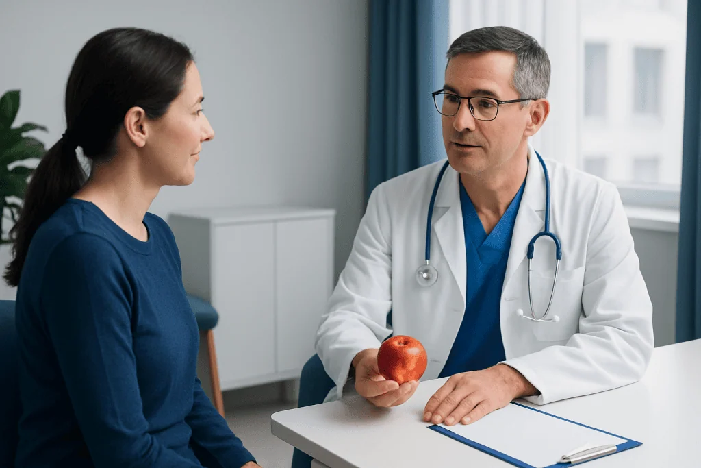 Doctor explaining health advice to a patient in a medical consultation room.