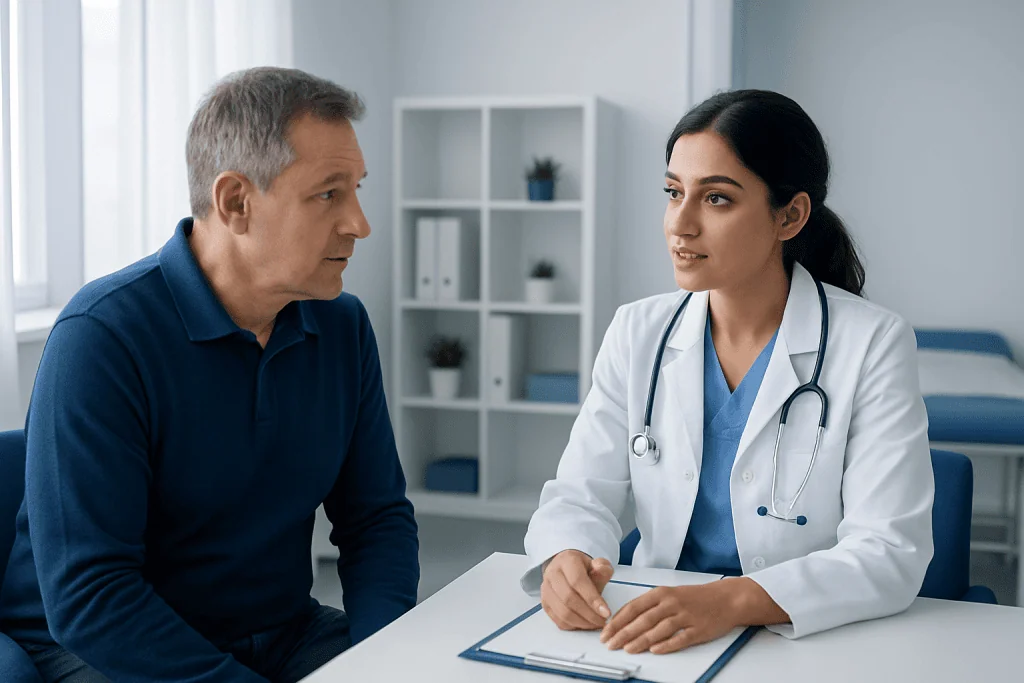 Doctor consulting with a male patient in a modern hospital room.