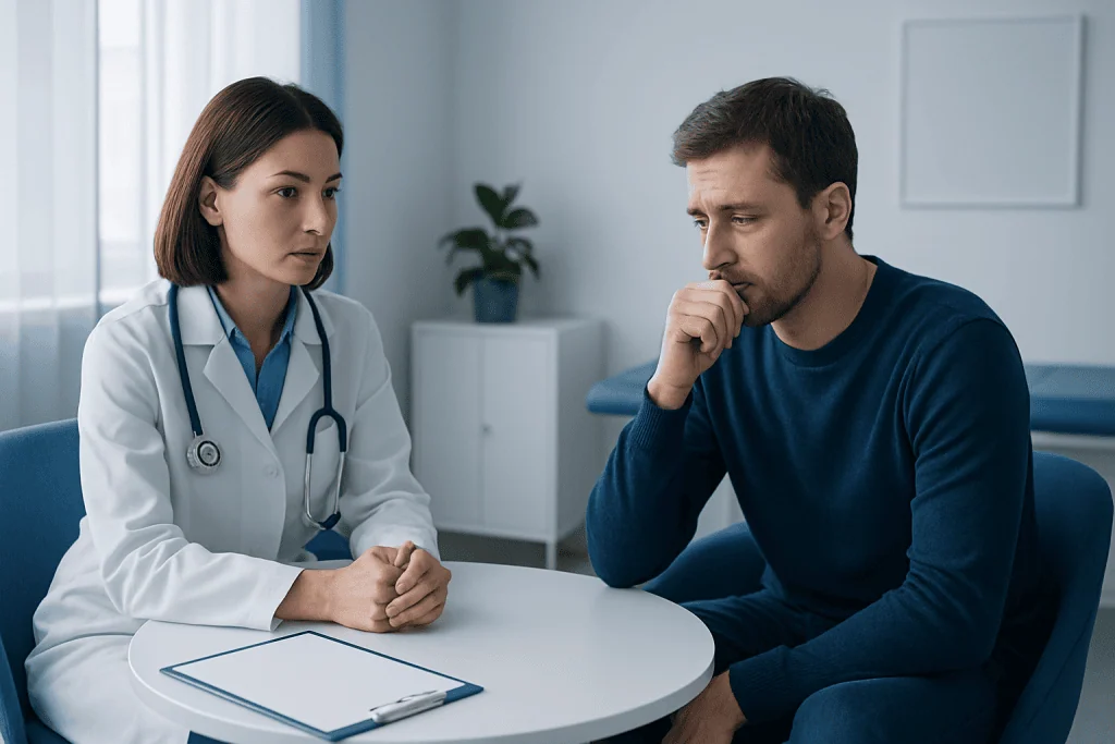 Doctor consulting with male patient in a medical office.