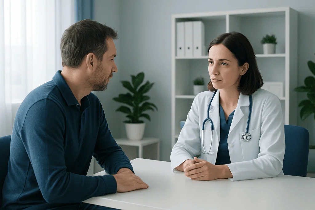 Doctor consulting with a male patient in a medical office setting.