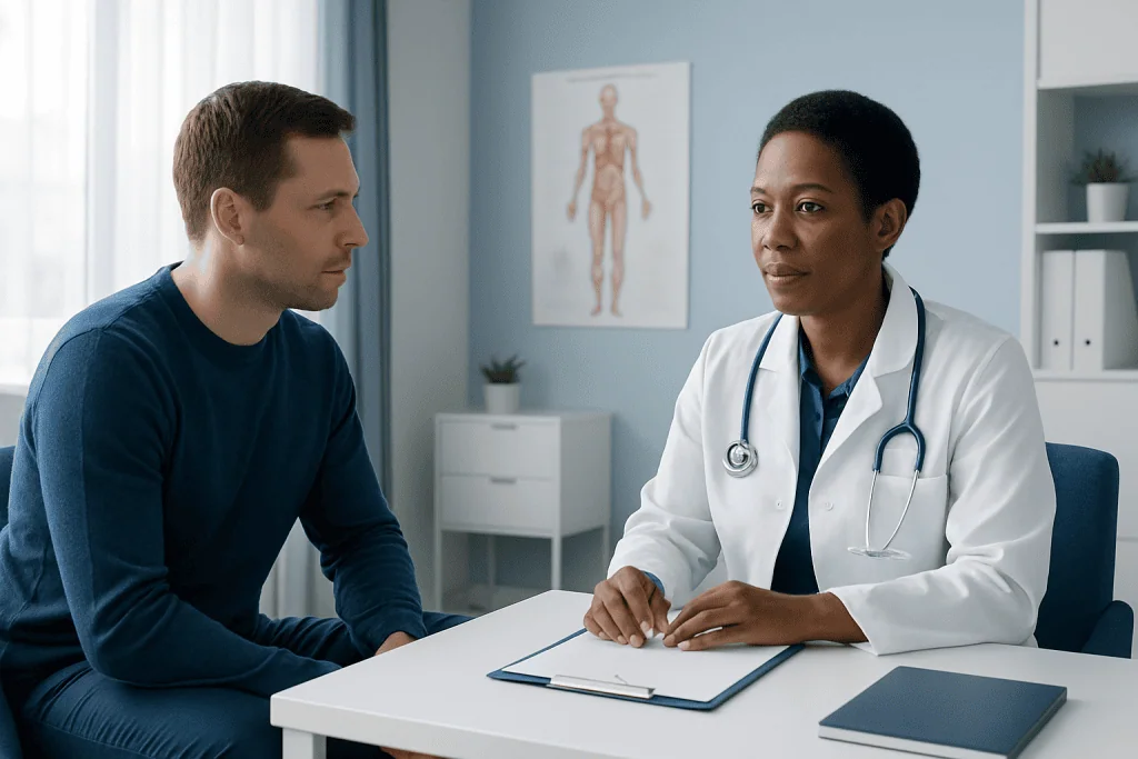 Doctor consulting with a patient in a medical office setting.