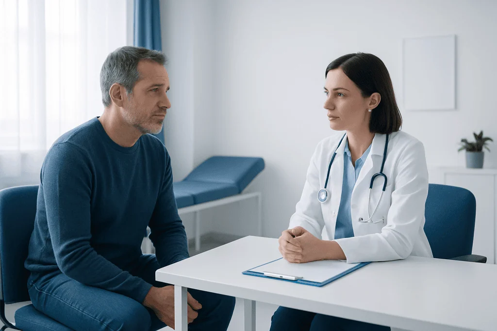 Doctor consulting with a patient in a modern medical office.