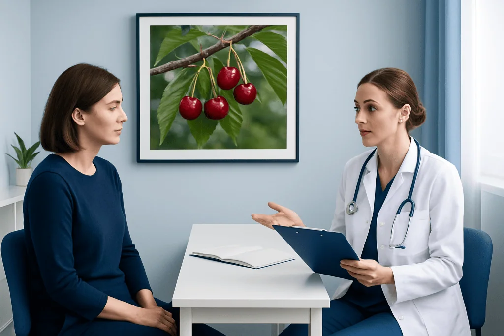 Doctor consulting with patient in a medical office with cherry tree picture.