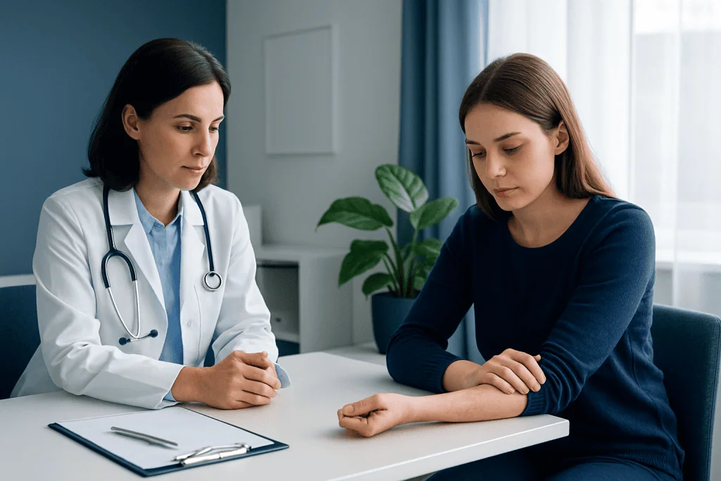 Doctor consulting with a patient in a medical office setting.