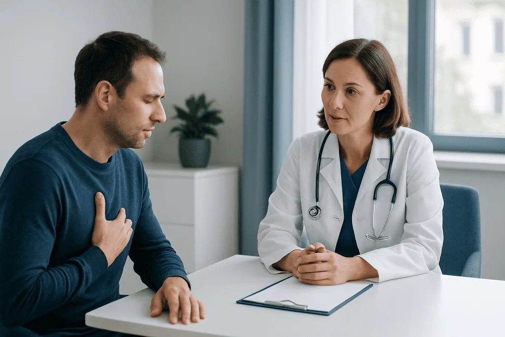 Doctor consulting with a male patient in a modern clinic setting.
