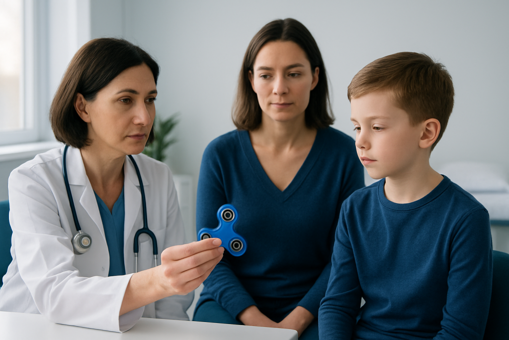 Doctor explains fidget spinner to young boy and mother in a medical setting.
