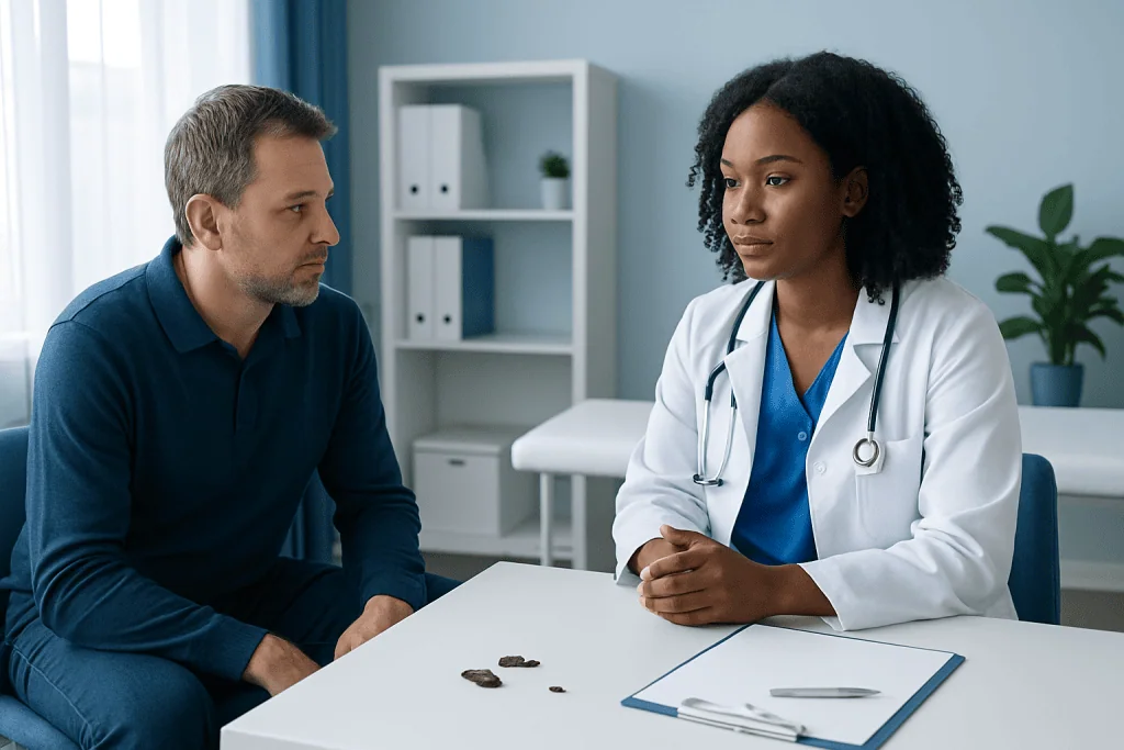 Doctor consulting with patient in a medical office setting.