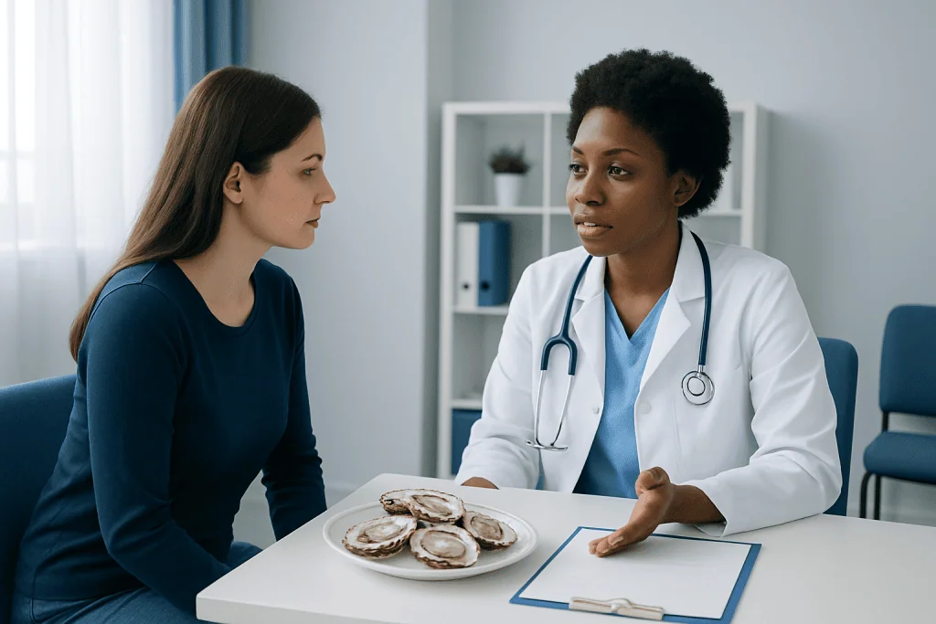 Doctor explaining oyster health benefits to patient in consultation room.