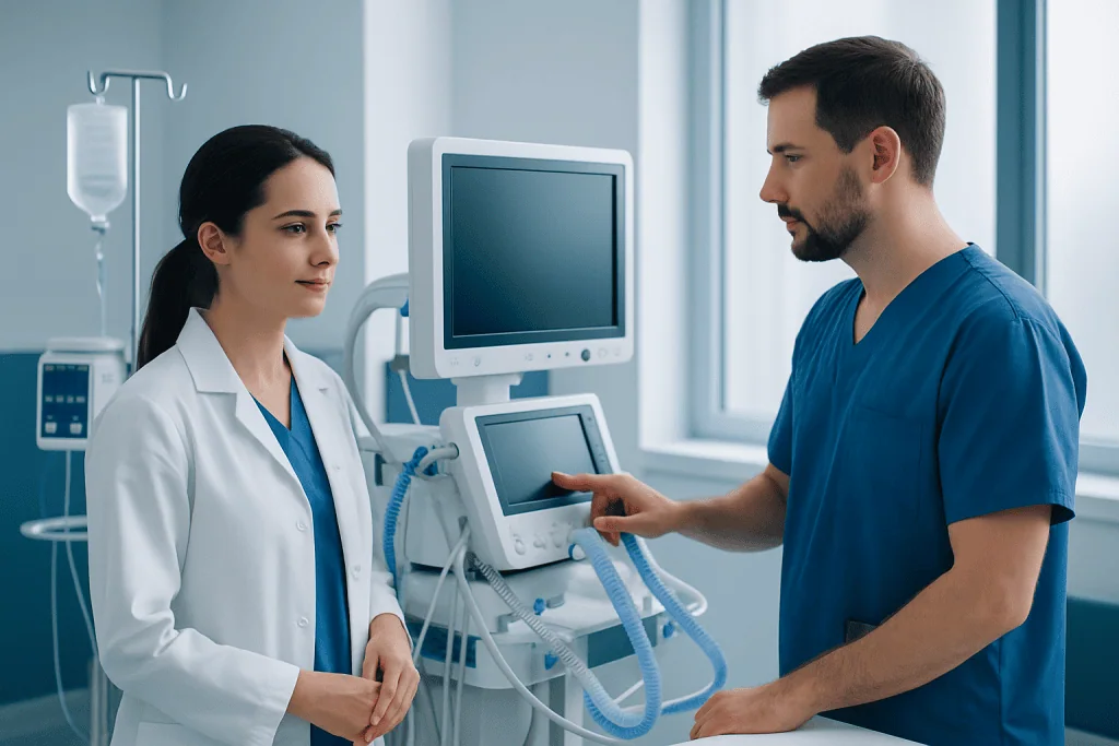 Medical professionals discussing patient care in a hospital room.