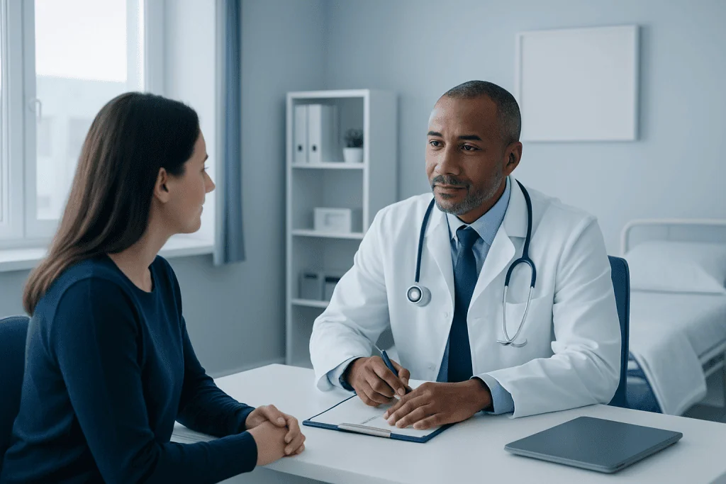 Doctor consulting with a female patient in a modern hospital room.