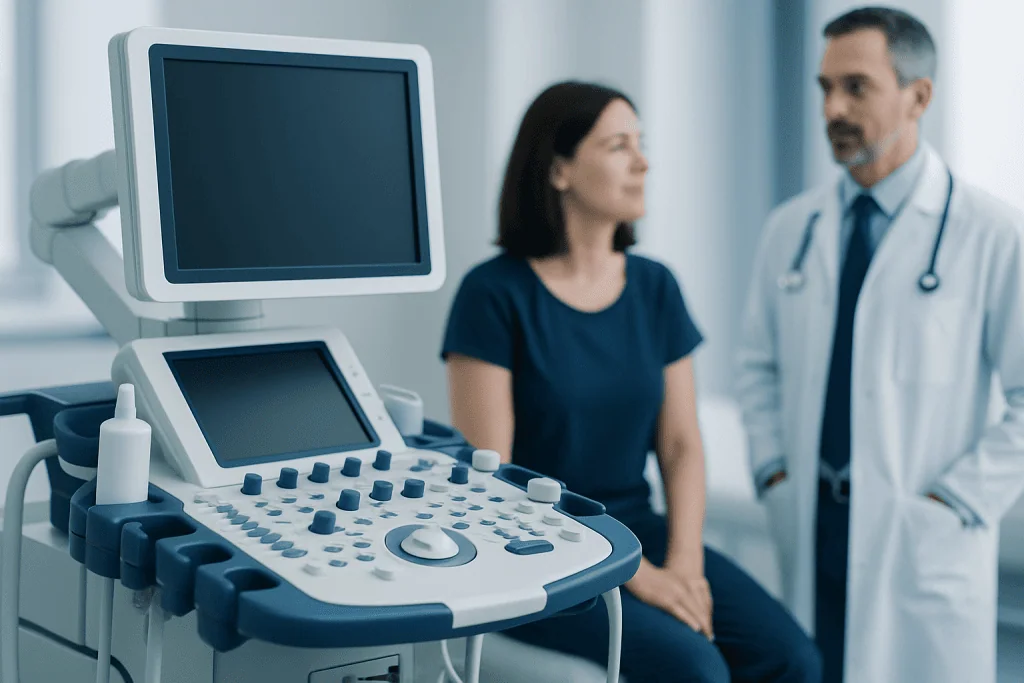 Medical ultrasound machine with a patient and doctor in a clinical setting.