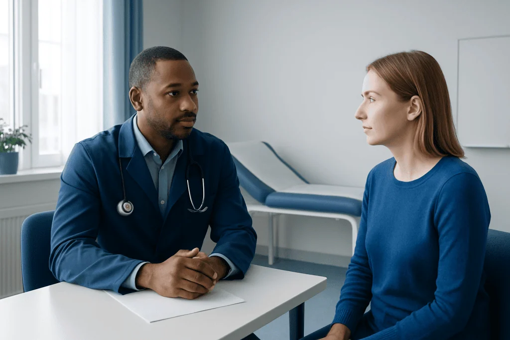 Doctor consulting with a female patient in a medical office.