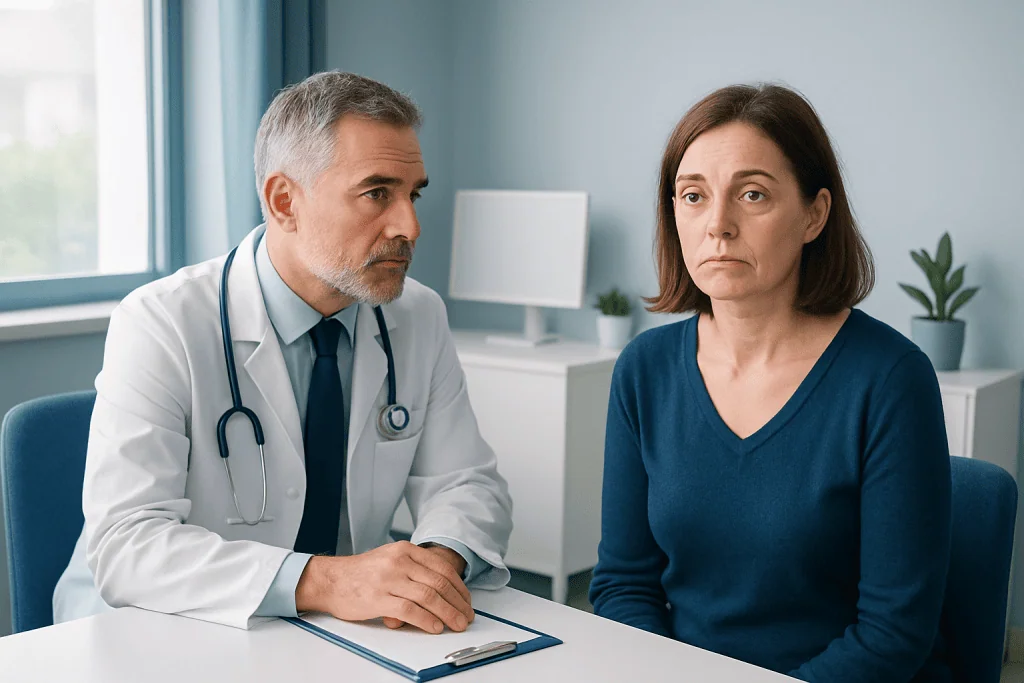 Doctor consulting with a woman patient about neurological symptoms.