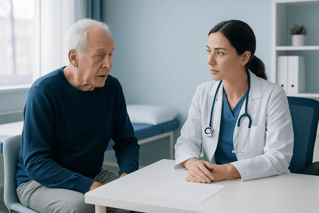 Older man consulting with a female doctor in a medical office.